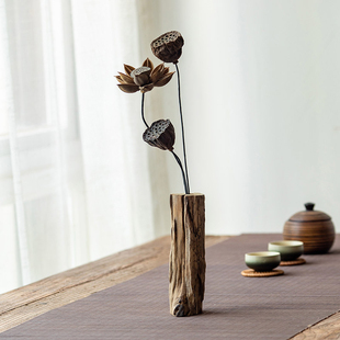 中式复古禅意客厅实木，干花花瓶摆件，茶室茶桌插花木头装饰品摆设