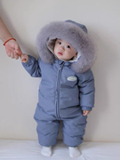 男女宝宝长袖连帽纯色羽绒服，婴儿宝宝冬装，长款连体衣爬服洋气