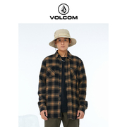 volcom钻石男装复古格子，长袖衬衫2024秋季中长款休闲翻领衬衣