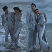 影楼婚纱照摄影主题情侣拍照服装海边写真个性浅灰色露背婚纱礼服