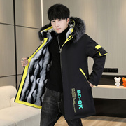 加绒夹克男冬季2023韩版潮流，学生中长款工装外套带毛领派克服