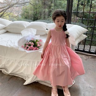 韩版女童裙子夏季新品儿童洋气纯色公主裙K宝宝时髦连衣裙气质长