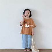 木西童品2024夏韩国(夏韩国)版男女童可爱橘色卡通兔子，短袖t恤百搭上衣潮
