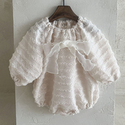 韩国进口婴儿蕾丝公主爬服连体衣百天周岁蝴蝶结高级感衬衫