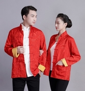 中国风男女士情侣古装唐装，上衣中青年春秋季长袖茶楼外套双面大红