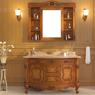 欧式浴室柜红橡木仿古卫，浴柜实木洗漱台卫生间大理石洗手盆柜组合