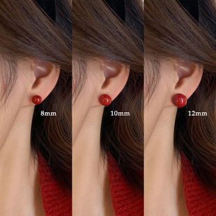 复古酒红色珍珠耳钉，女高级感独特耳环，养耳洞耳棒睡觉不用摘耳饰品
