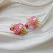 蜜桃乌龙耳钉 油画风粉色串珠花朵项链可爱气质甜美边夹戒指耳饰