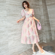 MIUCO浪漫粉色法式方领泡泡袖高腰蓬蓬摆提花大码连衣裙