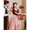敬酒服新娘酒红色平时可穿订婚连衣裙复古长袖，高端大气红裙子礼服