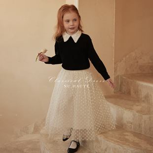 NU恩幼童装 白色可脱卸蕾丝领复古羊毛针织衫法式百搭网纱蓬蓬裙