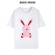 Basic House/百家好纯白T恤卡通刺绣兔子圆领白色夏季上衣