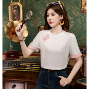 新中式轻国风盘扣短袖t恤拼接袖口2024夏季女装复古漂亮短款衬衫
