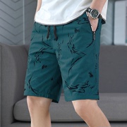 夏季绿色印花纯棉短裤，男士ins潮流潮牌5分中裤，外穿休闲沙滩五分裤