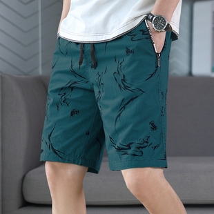 夏季绿色印花纯棉短裤男士，ins潮流潮牌5分中裤，外穿休闲沙滩五分裤
