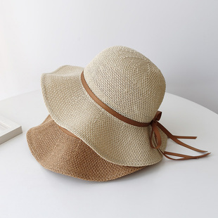 绸缎蝴蝶结波浪边大沿草帽女夏季薄款遮阳帽子，韩版潮荷叶边沙滩帽