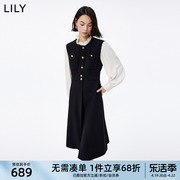 LILY女装设计感假两件气质通勤浪漫花边领衬衫连衣裙女