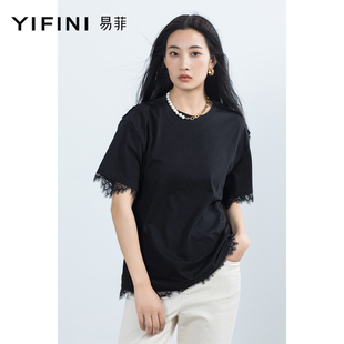Yifini/易菲宽松时尚短袖蕾丝拼接假两件圆领针织T恤女夏装新