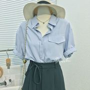 2023夏季韩版气质纯色口袋，装饰翻领短袖，简约ol风百搭女衬衫