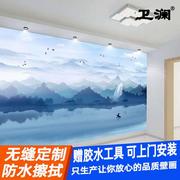 新中式壁画电视背景墙壁纸3d无缝无纺布8d水墨山水画墙布来图定制