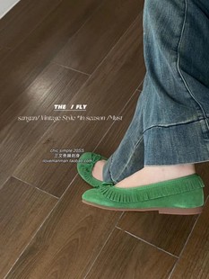 CHIC2024NEW SPRING：韩国春季复古绒皮软皮流苏蝴蝶结软单鞋