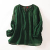 YXF0276国风新中式复古V领提花绿色真丝绡香云纱长袖女上衣显瘦款