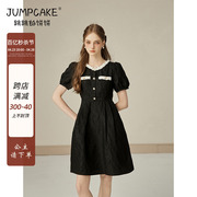 法式赫本风圆领连衣裙女夏季气质设计感撞色泡泡袖小黑裙