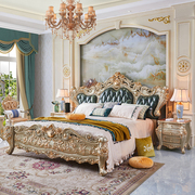 欧式床1.8米2米双人大床，别墅主卧家具真皮，床实木雕花储物婚床金色