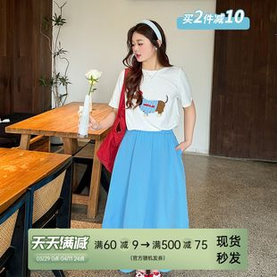 DM100大码百分百2025夏季新款女装撞色领T恤搭配松紧腰半身裙套装