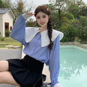 大码女装娃娃领减龄长袖衬衫女春季韩版宽松型遮肚子显瘦条纹衬衣