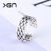 韩版s925纯银做旧复古链条，泰银戒指个性创意编织开口戒指食指戒