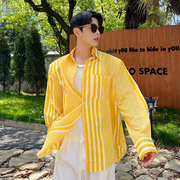 夏季衬衫男长袖个性明黄色条纹休闲宽松防晒上衣垫肩韩版衬衣