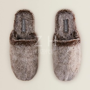 zarahome男拖鞋，人造皮草居家鞋，冬季保暖室内鞋平底毛绒拖鞋