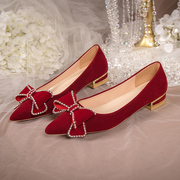 婚鞋夏季女2023年红色蝴蝶结粗跟高跟，禾秀婚纱两穿新娘鞋孕妇