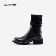 Nine West/玖熙弹力毛线针织袜靴2023冬靴子拼接粗跟休闲短靴