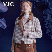 VJC/威杰思秋冬女装复古机车风丝绒夹克撞色格纹短款外套