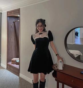 韩国maymay黑色丝绒连衣裙甜美复古蕾丝花边拼接泡泡袖短裙