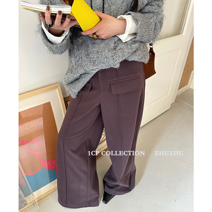 1cp紫色前口袋设计毛呢裤(毛，呢裤)女2023冬季黑色保暖直筒拖地裤咖色