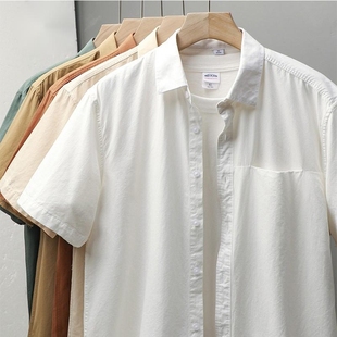 美式重磅衬衫男短袖夏季纯色原创翻领口袋白色衬衣男百搭
