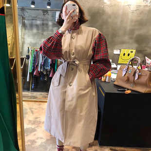 韩国chic早秋设计感小众立领单排扣格纹拼接系带收腰长款风衣外套