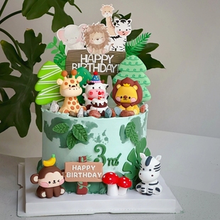 网红ins森系蛋糕装饰动物园，狮子长颈鹿斑马猴子，大象摆件生日插件