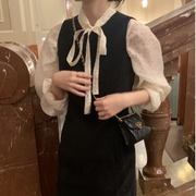 韩国chic春季减龄复古小众设计感气质波点系带衬衫，+百搭小黑裙女