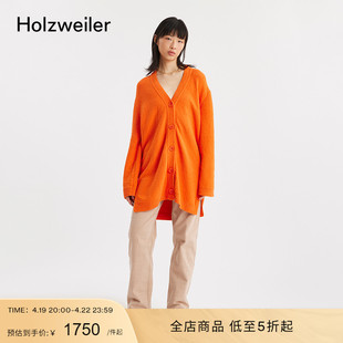 holzweiler女士简约百搭长款亮橘色v领系扣针织开衫