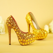 婚鞋金色镶水钻水晶鞋，高跟防水台大码新娘，结婚鞋晚礼服宴会鞋