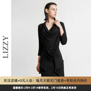 LIZZY2023秋季法式优雅堆堆领连衣裙黑色显瘦包臀珍珠打底裙