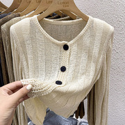 2024春季镂空针织开衫女设计感小众圆领修身长袖，毛衣短款外套上衣