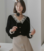韩国大码女装2023冬装时尚钩花V领显瘦金丝绒长袖衬衫特5