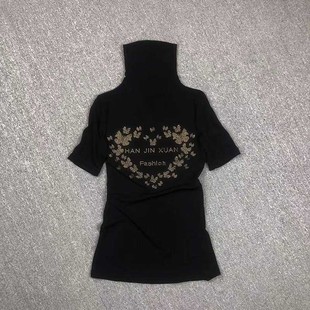 欧洲站优雅短袖女洋气，薄款衫t恤网纱，黑色时尚女装上衣打底衫