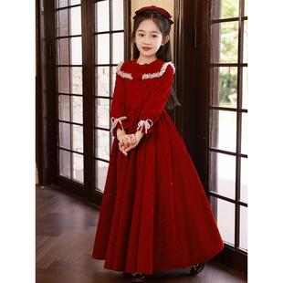女童礼服红色丝绒连衣裙长袖高端生日公主裙主持人儿童钢琴演出服