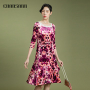 香莎chansarr复古浪漫印花连衣裙，别致韵味蕾丝，拼接鱼尾丝绒长裙